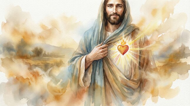 Jesus Christ with a sacred heart in a watercolor painting. Religious concept for Christian faith and Catholic devotion.