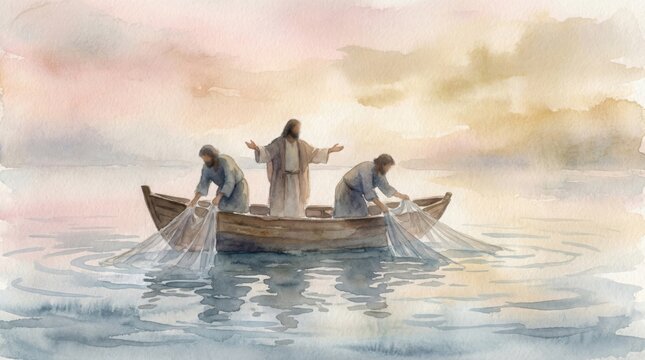 Jesus Christ with two men in a boat fishing, casting nets in water. Religious watercolor illustration for Christian church design.