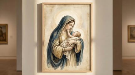 Naklejka premium Religious artwork of woman Mary holding baby Jesus Christ, depicting motherhood and faith. Catholic devotion for Christmas.