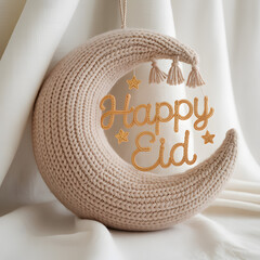 Knit Crescent Moon Pillow on Draped White Cloth with "Happy Eid" Cutout and Hanging Star Accents &mdash; Cozy Hygge Eid Decor Concept