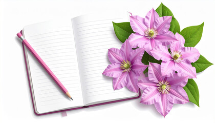 Naklejka premium Beautiful pink clematis flowers next to open notebook with pink pencil for creative writing inspiration