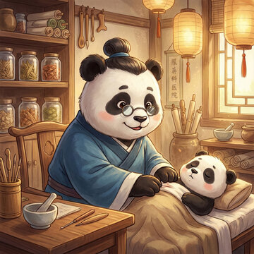 Cute Panda Doctor Treating Baby Patient in Clinic Illustration
