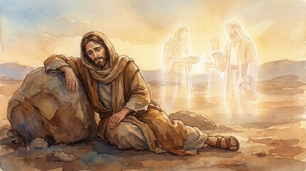 Naklejka premium Man, Jesus Christ, feeling weary in desert with angels appearing. Biblical scene for religious history, Christian education, faith story.