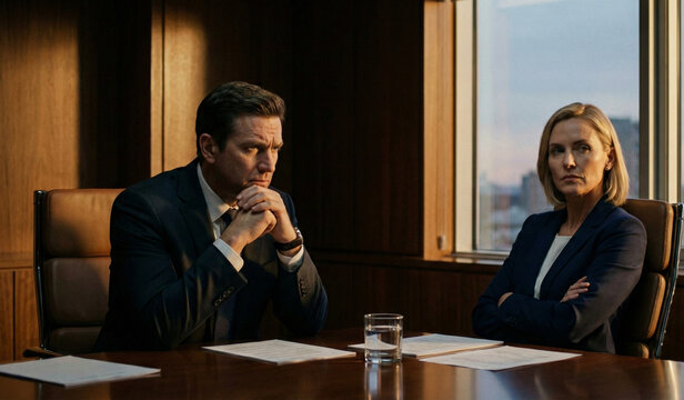 Two Serious Business Executives Having Tense Meeting in Boardroom