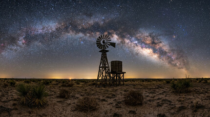 Droga Mleczna i gwiazdy nad starym wiatrakiem