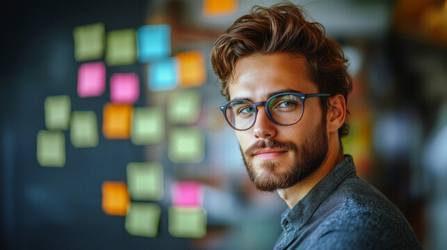 Junger Mann mit Brille in modernem B&uuml;ro mit bunten Notizen auf Wand