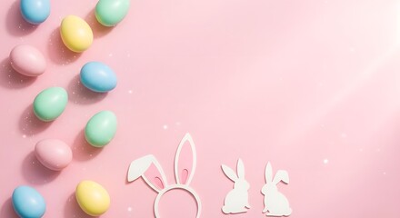 Pastel Easter background with colored eggs and bunny ears on pink suitable for kids party design