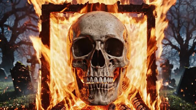 Human skull burning within a wooden frame surrounded by intense flames and embers in a dark, eerie graveyard with silhouetted trees and ancient tombstones under a twilight sky