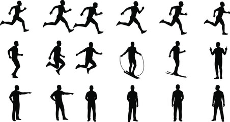 Fototapeta premium Large Set of Male Silhouettes in Various Poses Including Running, Jumping, Skiing, Rope Skipping, Standing, Pointing, and Casual Active Movements