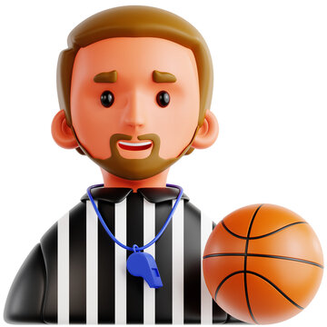 Cartoon Basketball Referee with Whistle and Ball