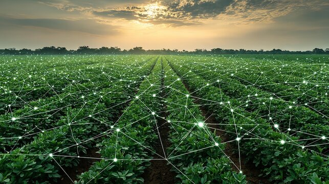 Green soybean field with glowing digital network overlay.