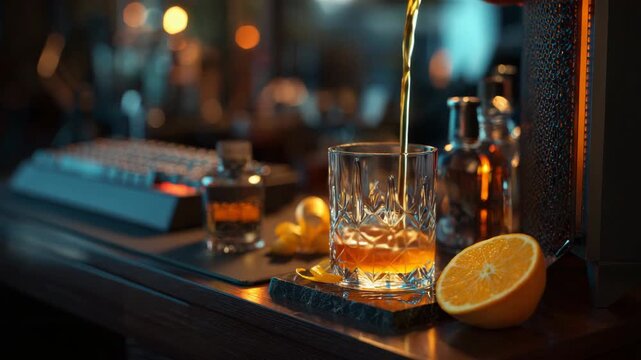 Crystal whiskey glass, orange slice, and bar tools on wooden counter in warm ambient lighting, captured in a realistic photographic style