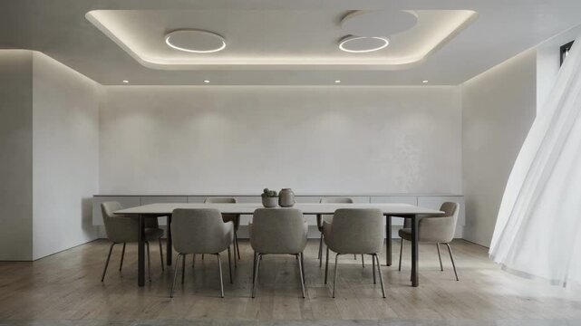Medium shot of a sleek modern dining room featuring minimalist ceiling diffusers blending seamlessly with ambient lighting and clean lines.
