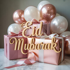Pink and White Gift Boxes with Gold Bows and Balloons Stacked Around Elegant Gold Script "Eid Mubarak" &mdash; Luxury Festive Celebration Scene