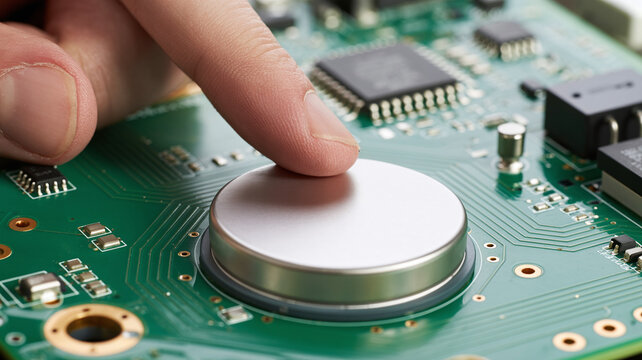 acro View of a Human Finger Touching a Silver CMOS Button Battery on a Green Electronic Circuit Board for Hardware Repair and Tech Maintenance