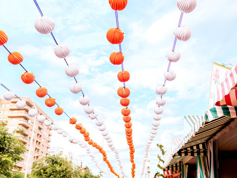 Paper lanterns, farolillos, at the April Fair in Seville, Spain.