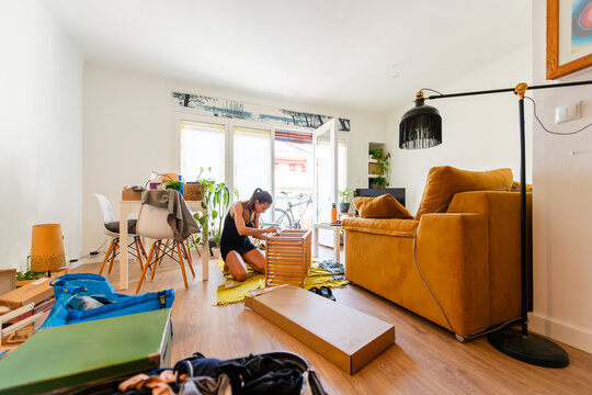 Assembling Furniture in Bright Living Room with Moving Boxes