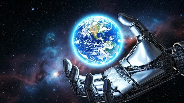 Robotic hand holding planet Earth in outer space with stars and nebulae.