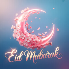 Cherry Blossom Crescent Moon with Soft Bokeh Sky and Elegant "Eid Mubarak" Script &mdash; Floral Pastel Eid Greeting Illustration