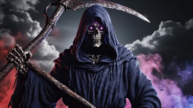 Ominous Grim Reaper figure with glowing eyes against a dramatic stormy sky with colored clouds
