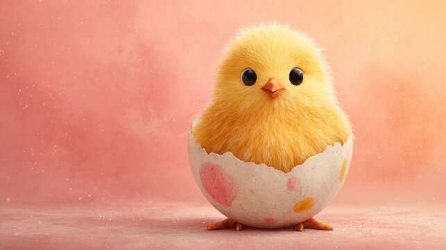 Cute fluffy yellow baby chick hatching from a decorated Easter egg on a soft pink background.