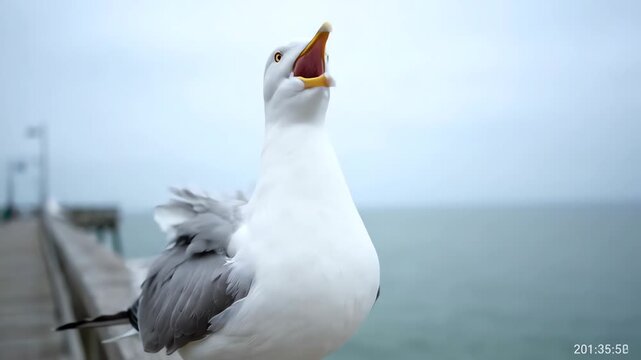 Close Up of a Seagull Squawking Loudly on a Wooden Pier Railing by the Ocean
