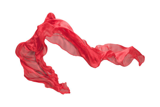 Flowing red chiffon fabric, transparent silk cloth wave with soft airy folds isolated on transparent background