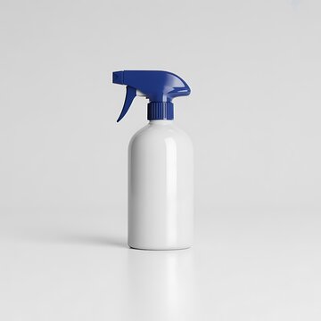White spray bottle with blue trigger cap stands isolated on a surface.