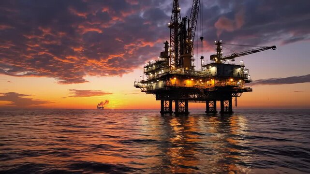 Offshore Oil Rig Platform with Glowing Lights and Burning Flare Stack at Dynamic Sunset