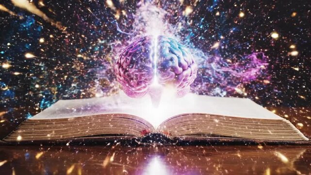 Glowing brain emerging from an open book with light particles