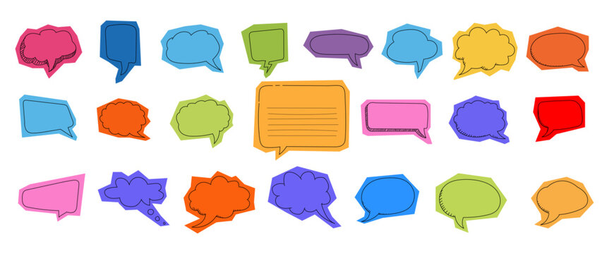 Comic speech bubble scrapbook collection. Torn paper bubble shapes for dialogue, message and text. Comic colorful scrapbook collage speech bubbles. Hand drawn vector balloons on transparent background
