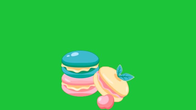 Colorful macarons with fruit and cream on green background cute dessert animation sweet bakery concept loop ready