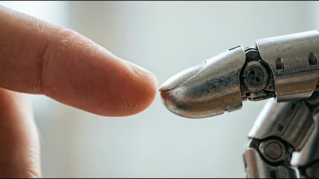 Human finger touching and bending robotic finger in sequence. Demonstration of flexible mechanical hand interaction. Technology concept for prosthetics and human-machine collaboration.