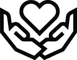 Two hands cradling a heart symbol representing care and support isolated on white background icon style
