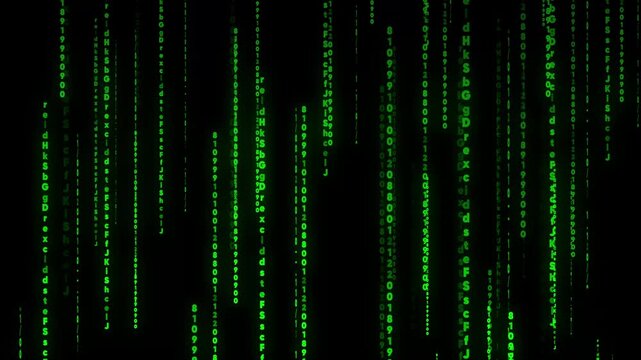 Digital Rain Effect With Green Characters Falling On Black Background matrix code