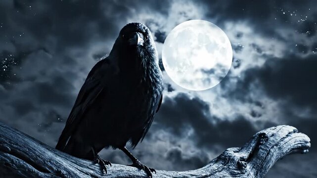 Dark crow perches on textured branch under a luminous full moon in a dramatic night sky