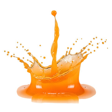 Orange juice crown splash with central droplet rising and liquid ripples on transparency