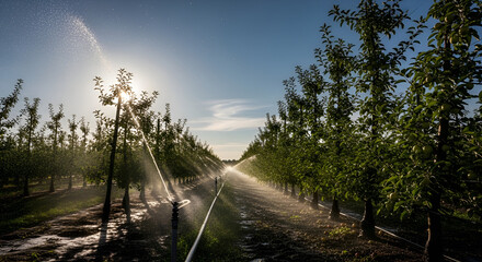 Young trees in orchard receiving irrigation on sunny day with misty water spray