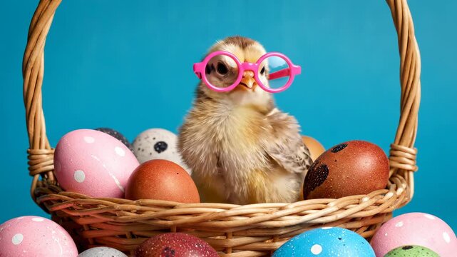 Adorable baby chick wearing pink round glasses looking around from a woven Easter basket with colorful eggs on a blue background