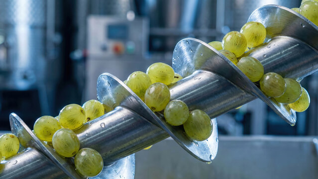 Industrial screw conveyor moving fresh green grapes for wine production in a stainless steel winery.