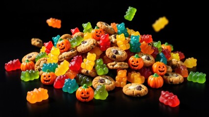 Obraz premium Colorful halloween treats with gummies and jack-o'-lantern cookies on black background.