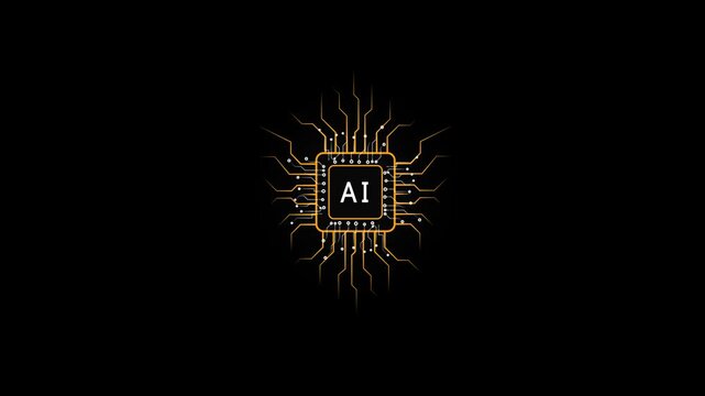 Yellow circuit board pattern with " AI" text on a central processor on a black background artificial intelligence
