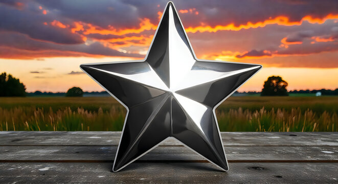Shiny silver star sculpture on wooden surface at sunset with cloudy sky