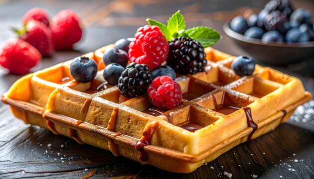 Gofre dorado con frutos rojos frescos y sirope sobre mesa de madera en ambiente c&aacute;lido