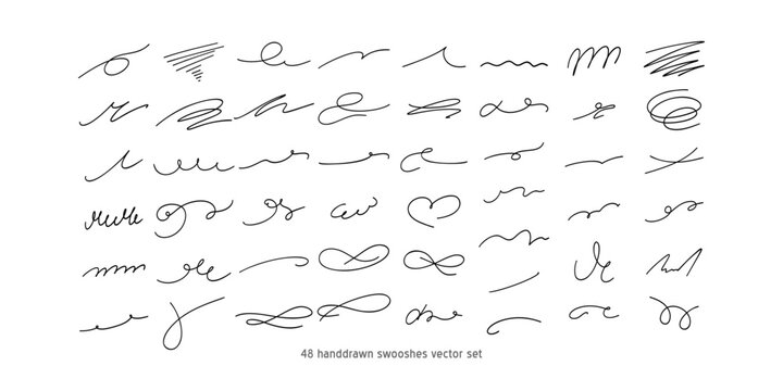 Calligraphy collection of wavy swooshes. Hand drawn swash, emphasis, line shape. Typographic extension simple stroke underline decoration for text, logo. Minimalist letter tail isolated elements