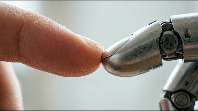 Human finger touching metallic robotic finger in animated sequence. Interaction between human hand and machine claw showing responsive movement. Technology and artificial intelligence connection