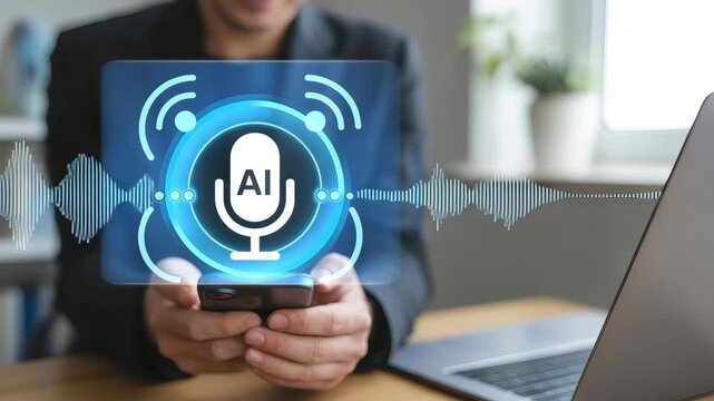 A I voice assistant interface on smartphone with sound wave visualization and microphone icon for digital communication and technology concepts