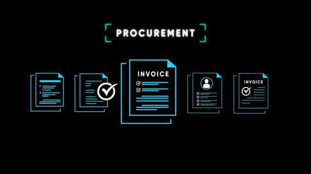 Procurement Process Flow with Documents and Icons on Black Background Keywords: procurement, invoice, document, checklist, icon, person, user, profile, check mark, tick, approval, process