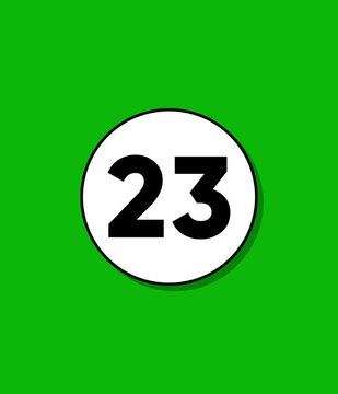 Minimalist billiard ball number twenty three popping up on bright green background with flat design animation style