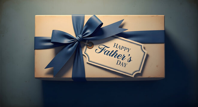 Happy father's day gift box with blue ribbon and card